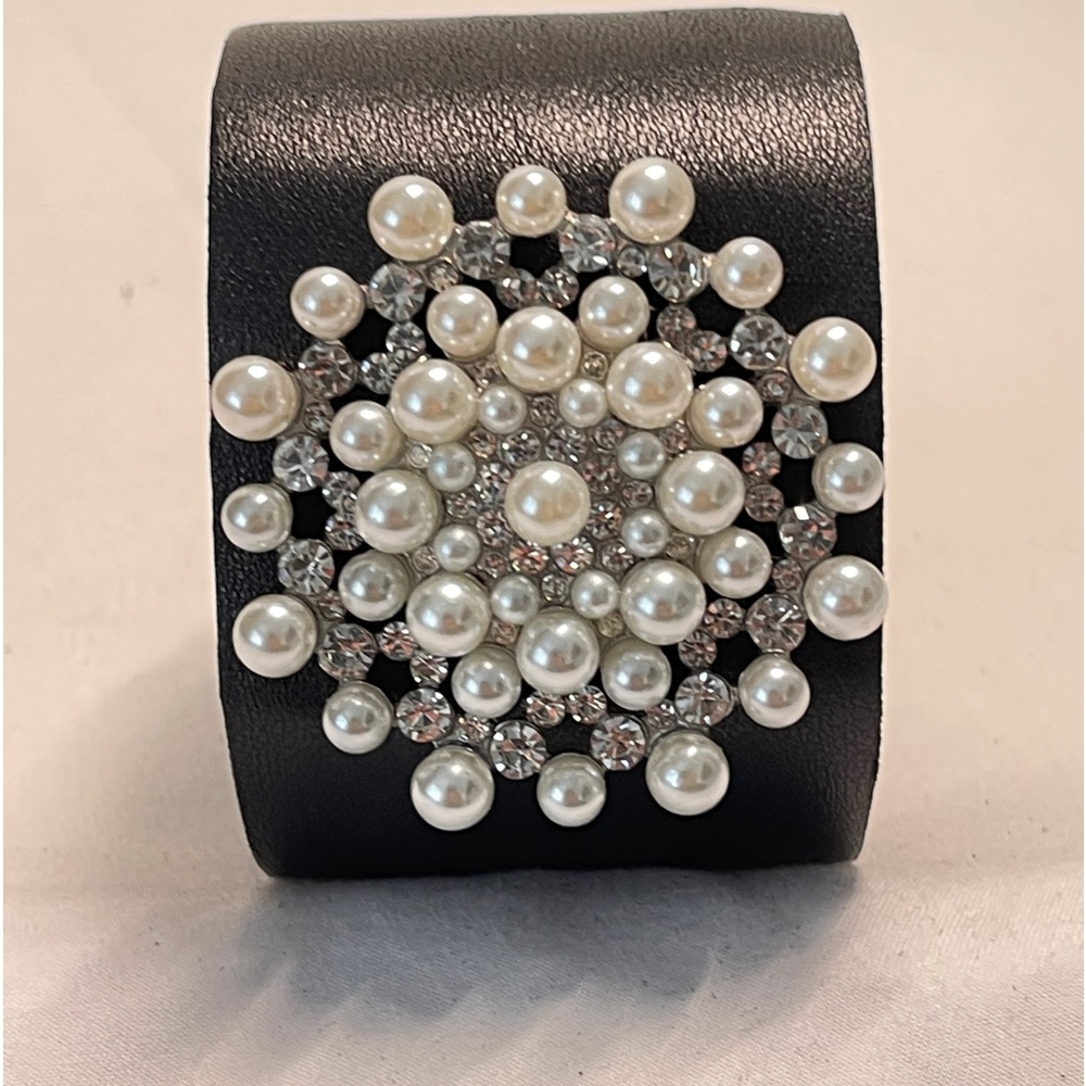 Handmade Lambskin cuff/ bracelet, with crystals stones and pearls . Made in US